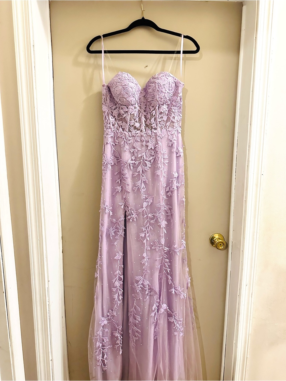 Lavender Strapless Embroidered Tulle Gown
